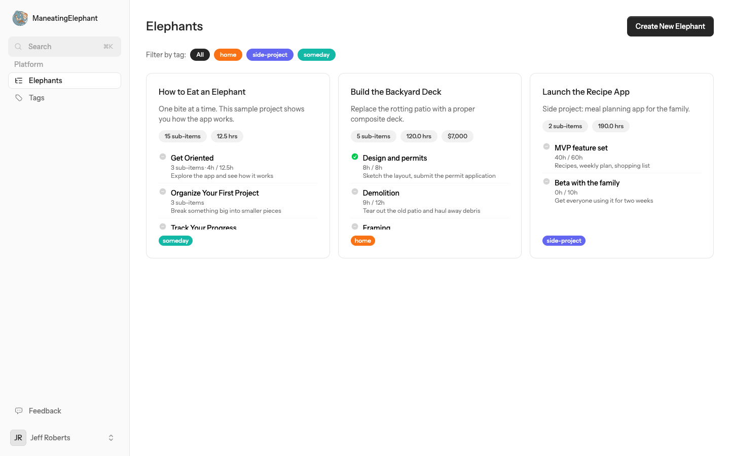 The elephants screen: each project card lists its sub-items with progress, hours, and tags