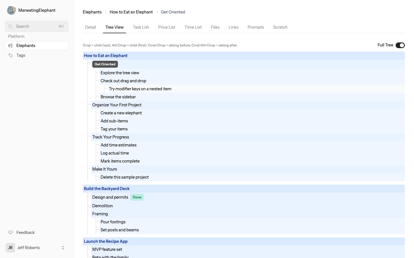 The tree view showing three projects expanded into nested sub-items